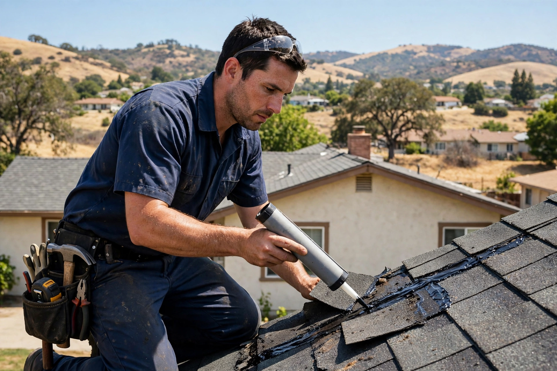 Roofer repairing a roof leak on a Novato, CA home